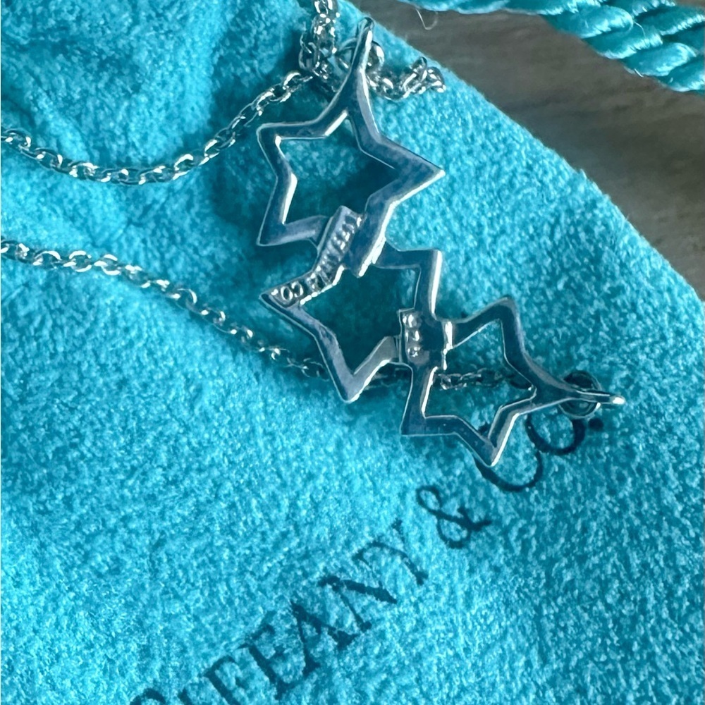 Tiffany & Co Sterling Silver Open Triple Star Necklace 925 w Box & Pouch - Picture 4 of 8